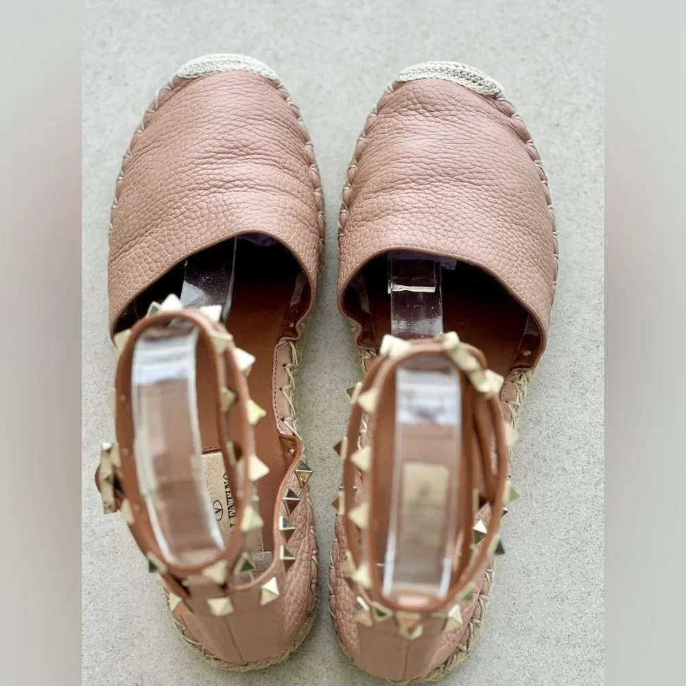 Valentino Garavani Rockstud Pink Leather Espadrille Ankle Wrap Flats Size 37