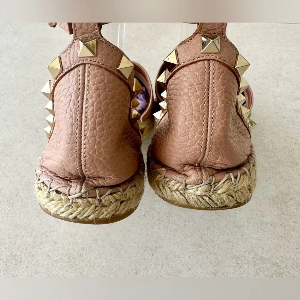 Valentino Garavani Rockstud Pink Leather Espadrille Ankle Wrap Flats Size 37