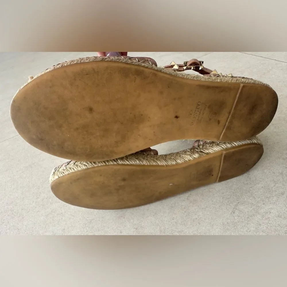 Valentino Garavani Rockstud Pink Leather Espadrille Ankle Wrap Flats Size 37