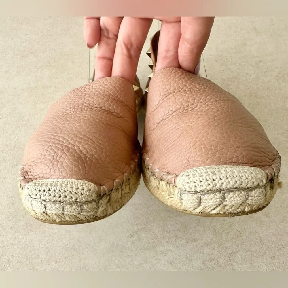 Valentino Garavani Rockstud Pink Leather Espadrille Ankle Wrap Flats Size 37