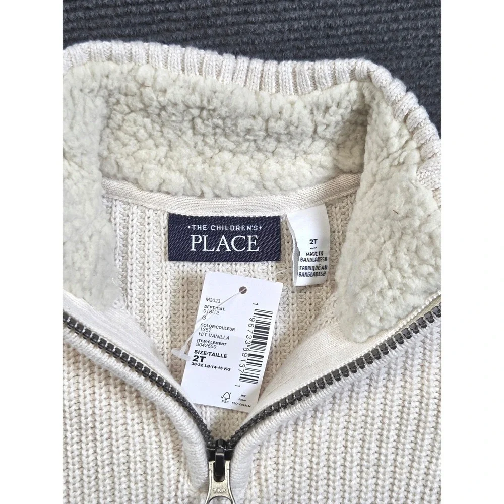 The Children's Place Quarter Zip Sweater Boys 2T Vanilla Ribbed Sherpa Lined NEW