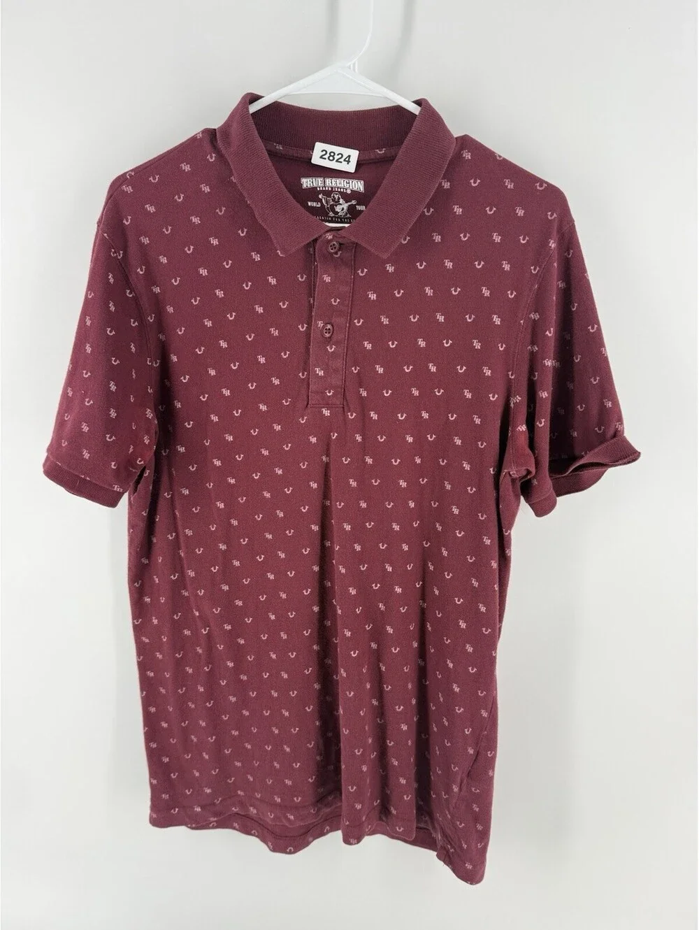 True Religion Men's Burgundy Polo Shirt Logo Micro Pattern Short Sleeve Medium