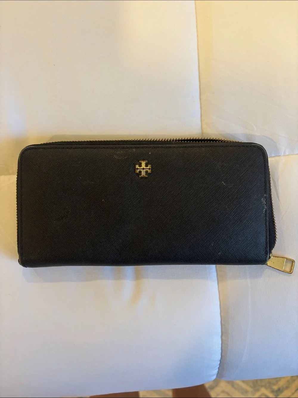 Tory Burch Black Zip-Around Saffiano Leather Wallet with Gold Logo