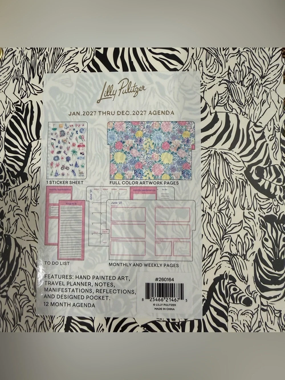 Lilly Pulitzer Black & White Zebra Large Planner Agenda w Gold Accents 2027 NEW