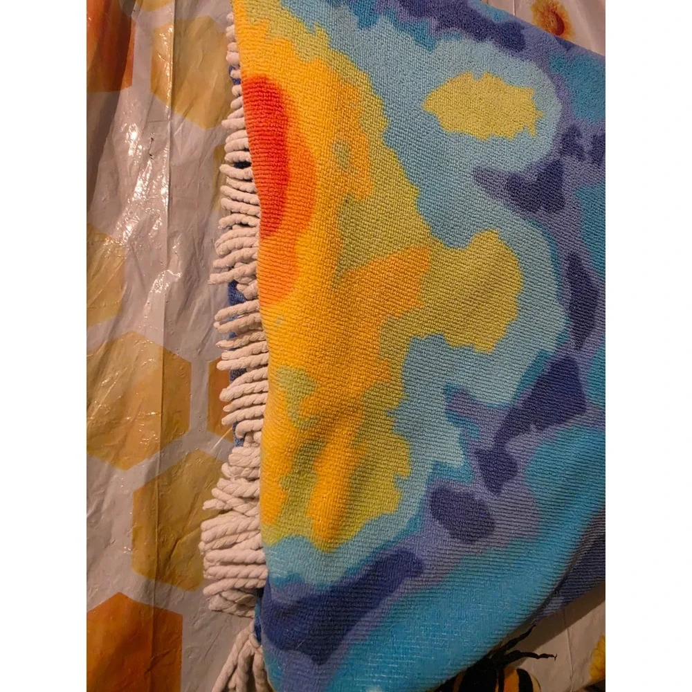 Round Abstract Tie Dye Beach Towel Blue Orange Yellow Tassel Fringe 60 Inch
