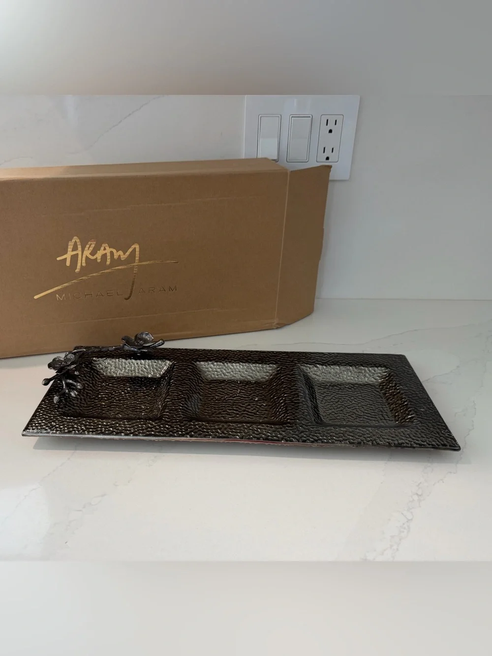 Michael Aram Black Hammered Triple Compartment Tray with Floral Accent