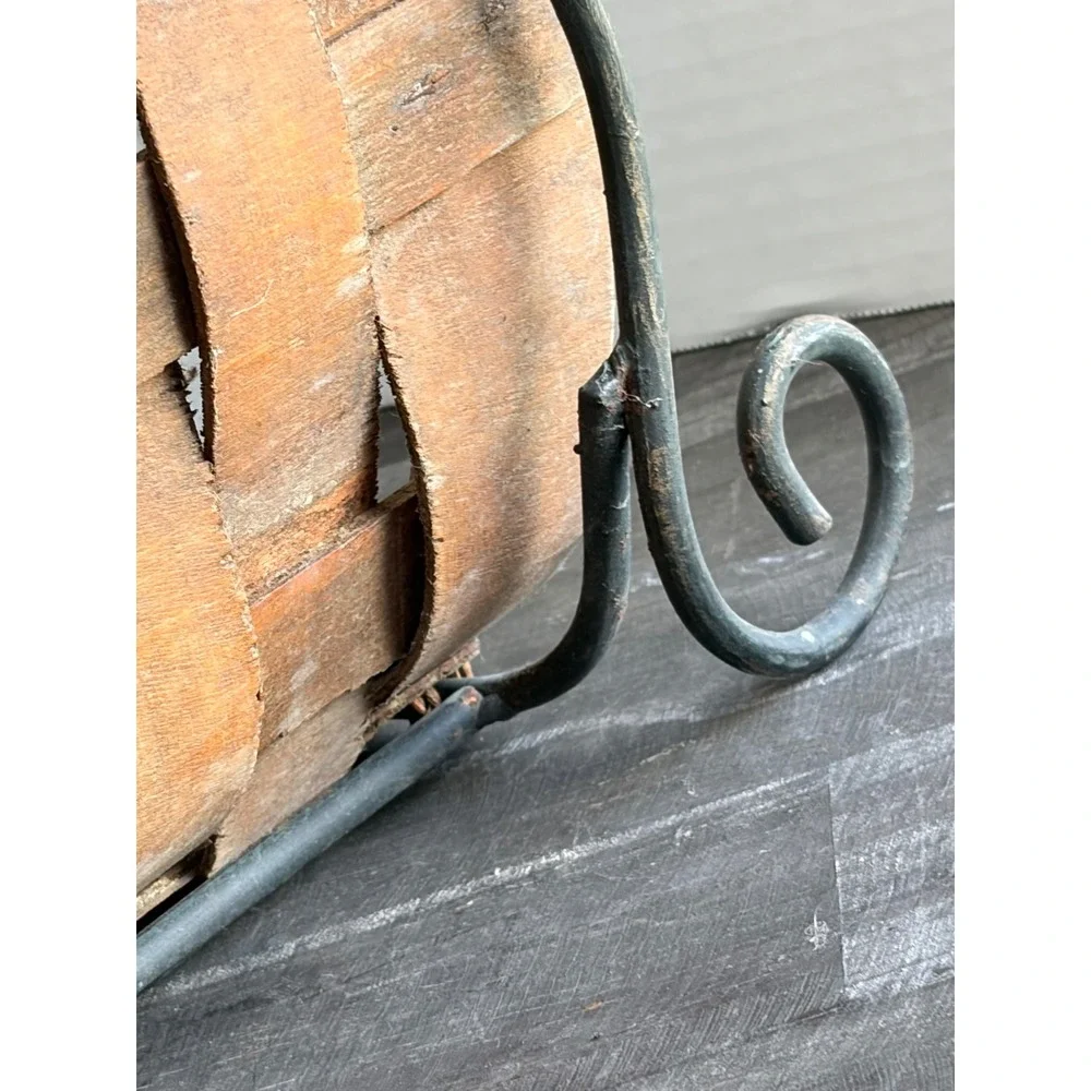 Vintage Woven Wood Splint Log Basket Wrought Iron Scrolled Frame Hearth Holder