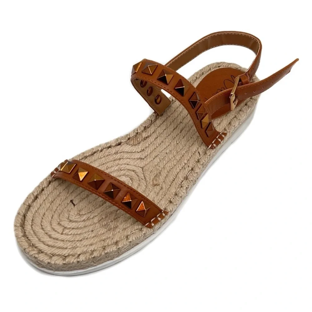 Wild Pair Espadrilles Yelenah Studded Strap Wedge Sandals Cognac Size 9