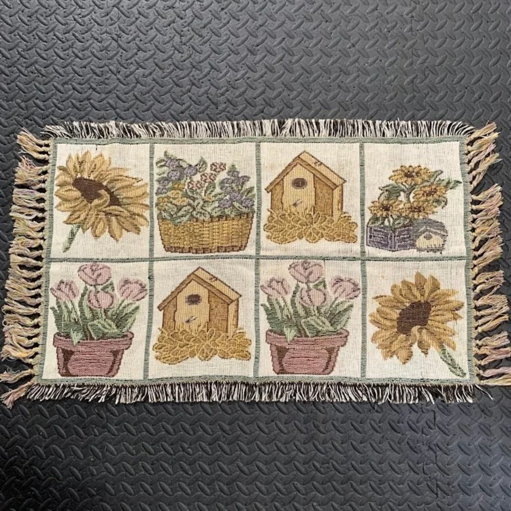 Vintage Tapestry Accent Rug Sunflowers Birdhouses Garden‎ Grid Fringed Mat 21x36