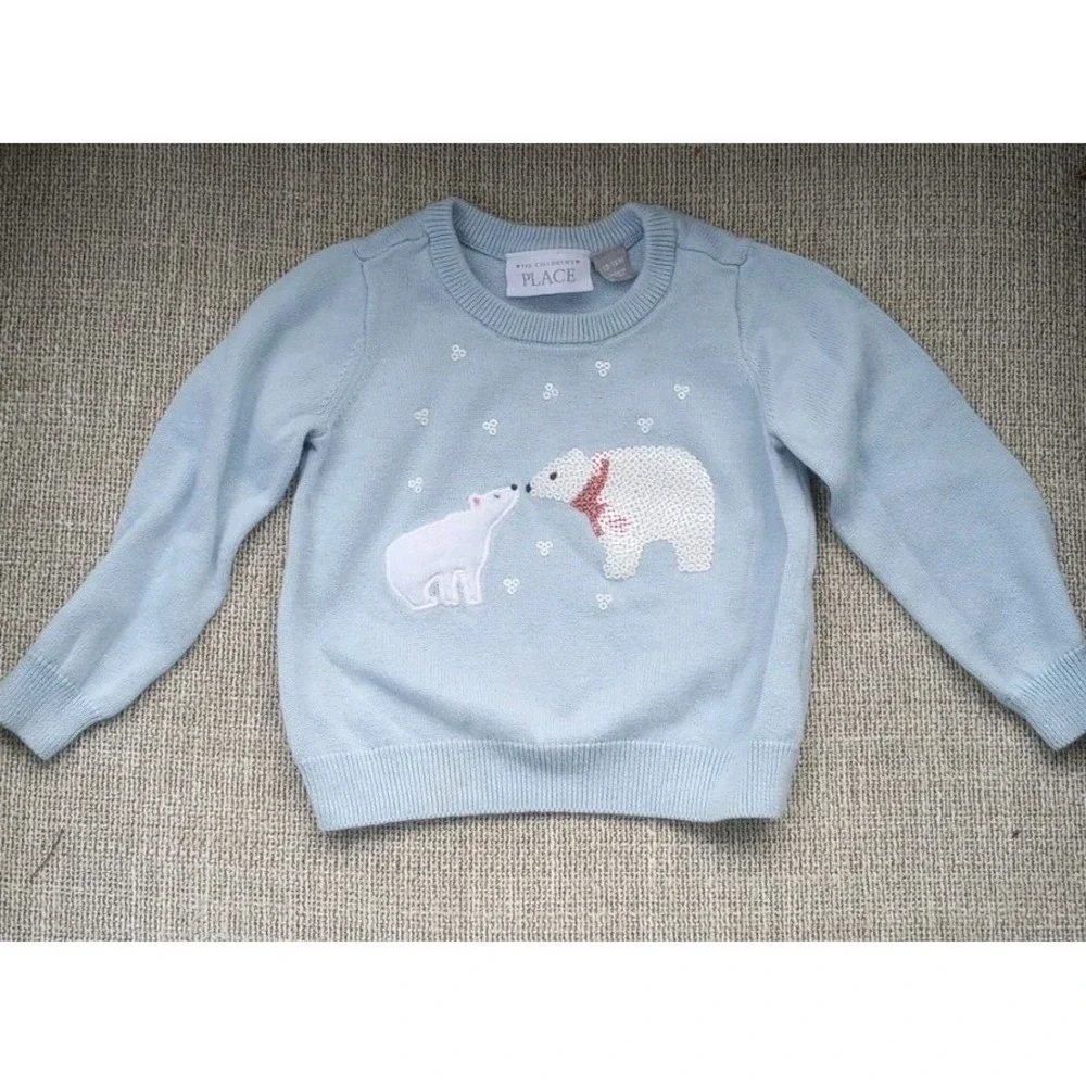Baby Girl Children's Place Sequin Polar Bear Sweater EUC 12-18‎ Mos
