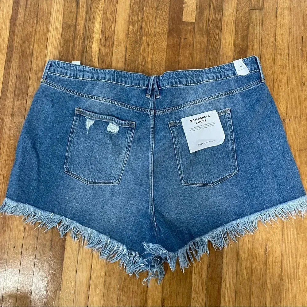 Revolve Good American Bombshell Chewed Denim Fringe Jean Shorts