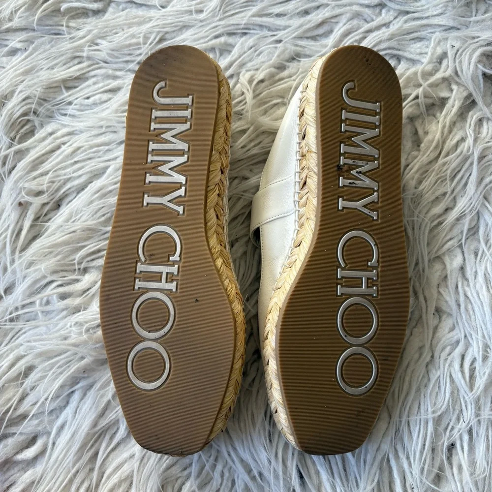 Jimmy Choo Fayence Pearl White Leather Mary Jane Ballerina Espadrilles EUC Sz 38