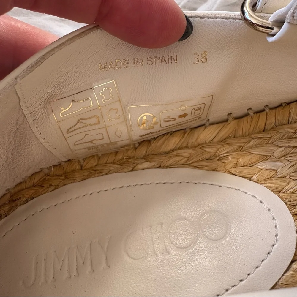 Jimmy Choo Fayence Pearl White Leather Mary Jane Ballerina Espadrilles EUC Sz 38