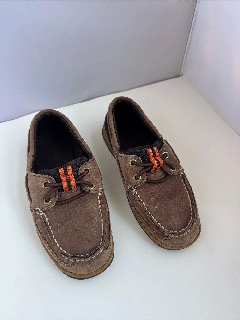 Kids Lands’ End Brown Suede Boat Shoes with Orange Accent
