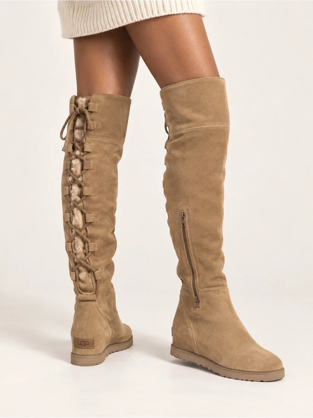 UGG Over-the-Knee Suede Lace-Up Boots in Chestnut Tan