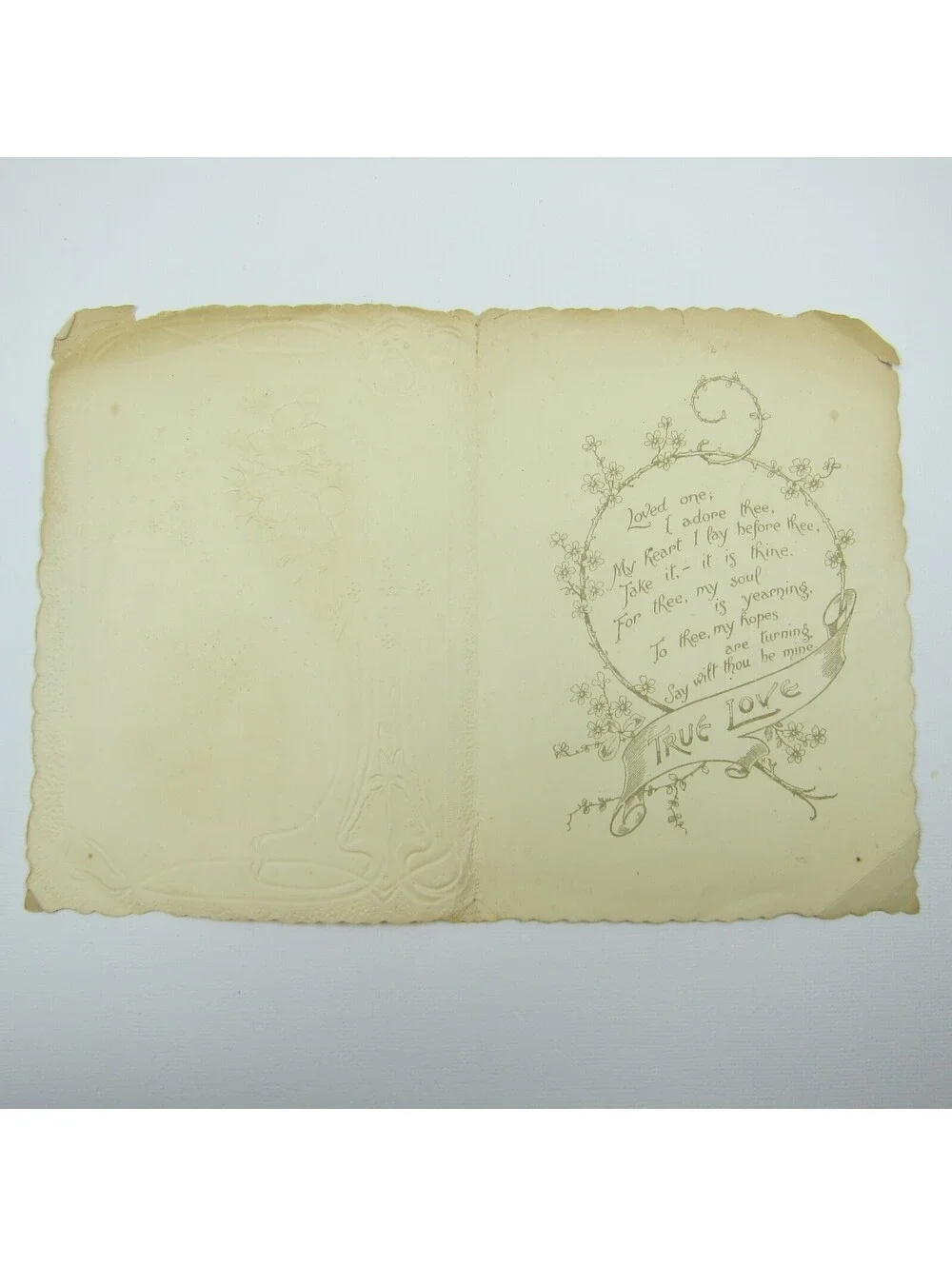 Valentine Card Girl Bonnet Yellow Dress Flowers Embossed Die cut Bifold Antique