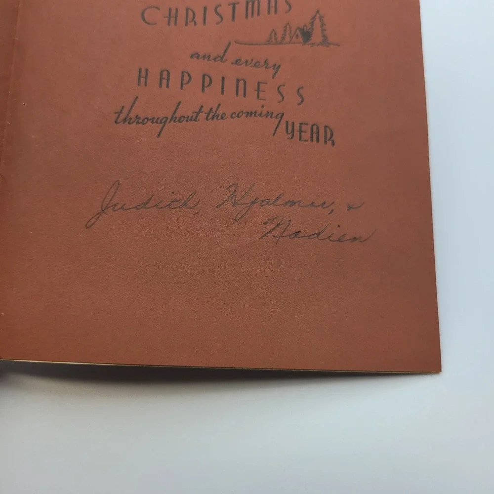 Vintage Seasons Greetings Card Horse Drawn Carriage Christmas Tree‎ Signed