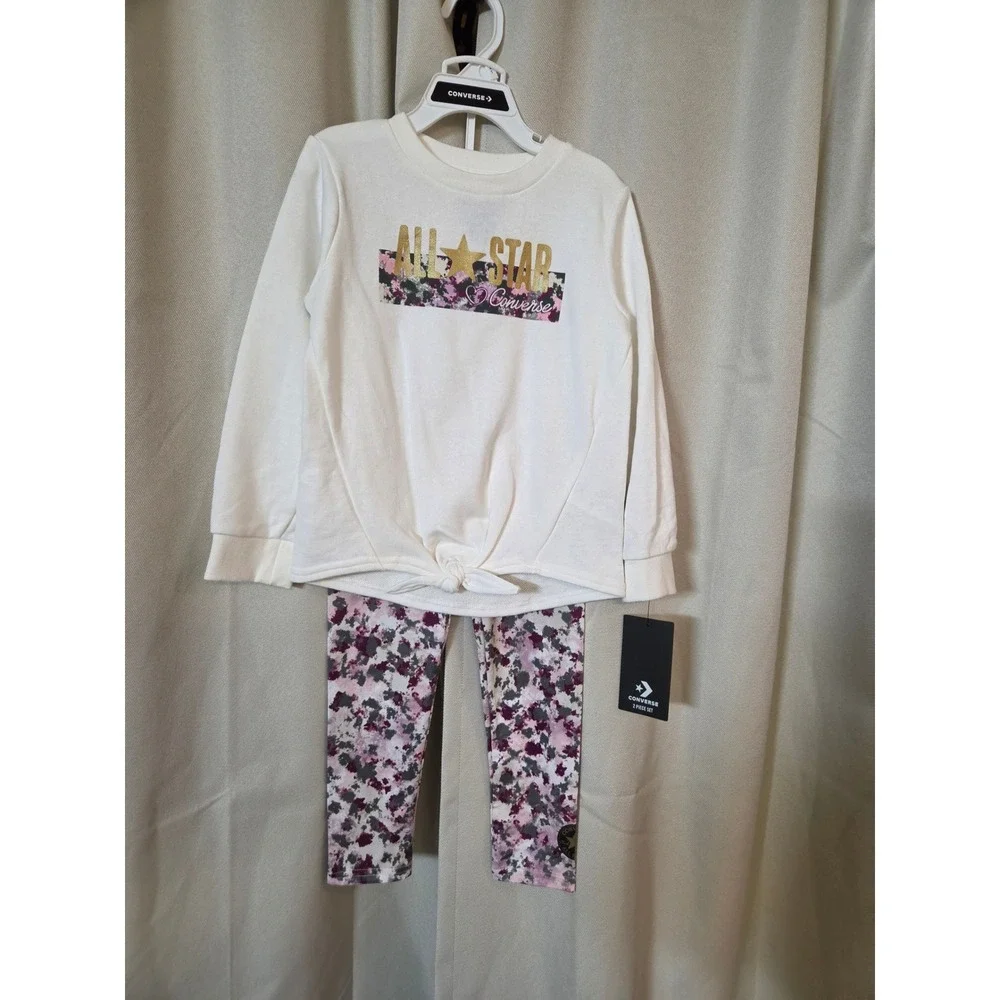 Converse Kids All Star 2 Piece Set White Sweatshirt and Floral Camo Leggings