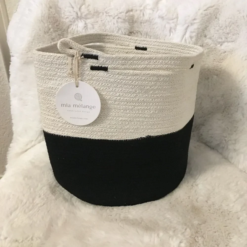 NEW Mia Mélange Handcrafted Foldable Cotton Basket Black Offwhite