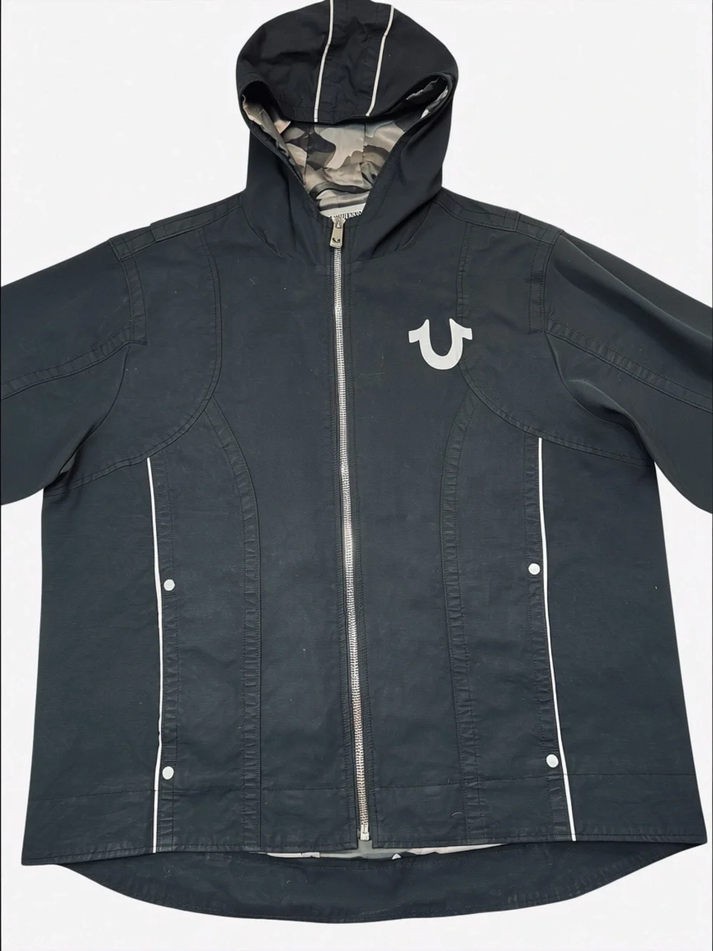 True Religion Black Hooded Reflective Moto Jacket Jet Black MC431TF1 Size 3XL