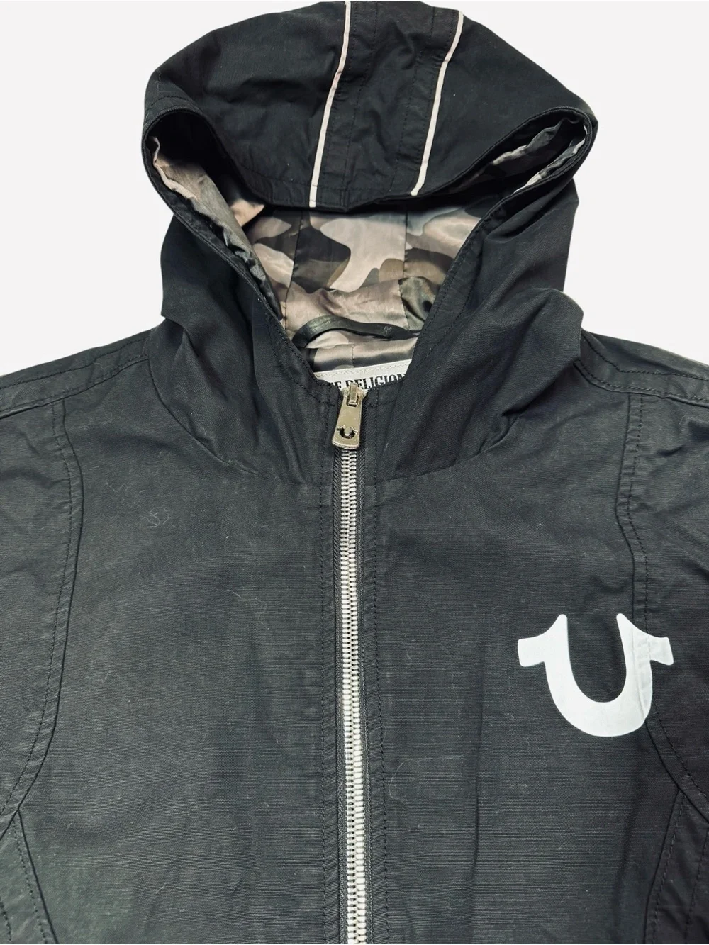 True Religion Black Hooded Reflective Moto Jacket Jet Black MC431TF1 Size 3XL