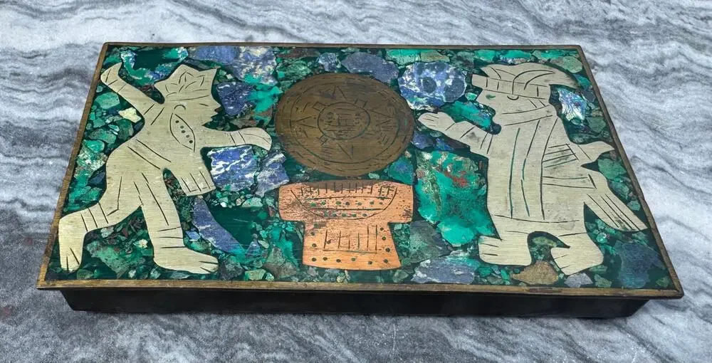 VINTAGE: MCM Mayan Mexican Mosaic Inlay Brass Copper Wood Trinket Cigarette Box
