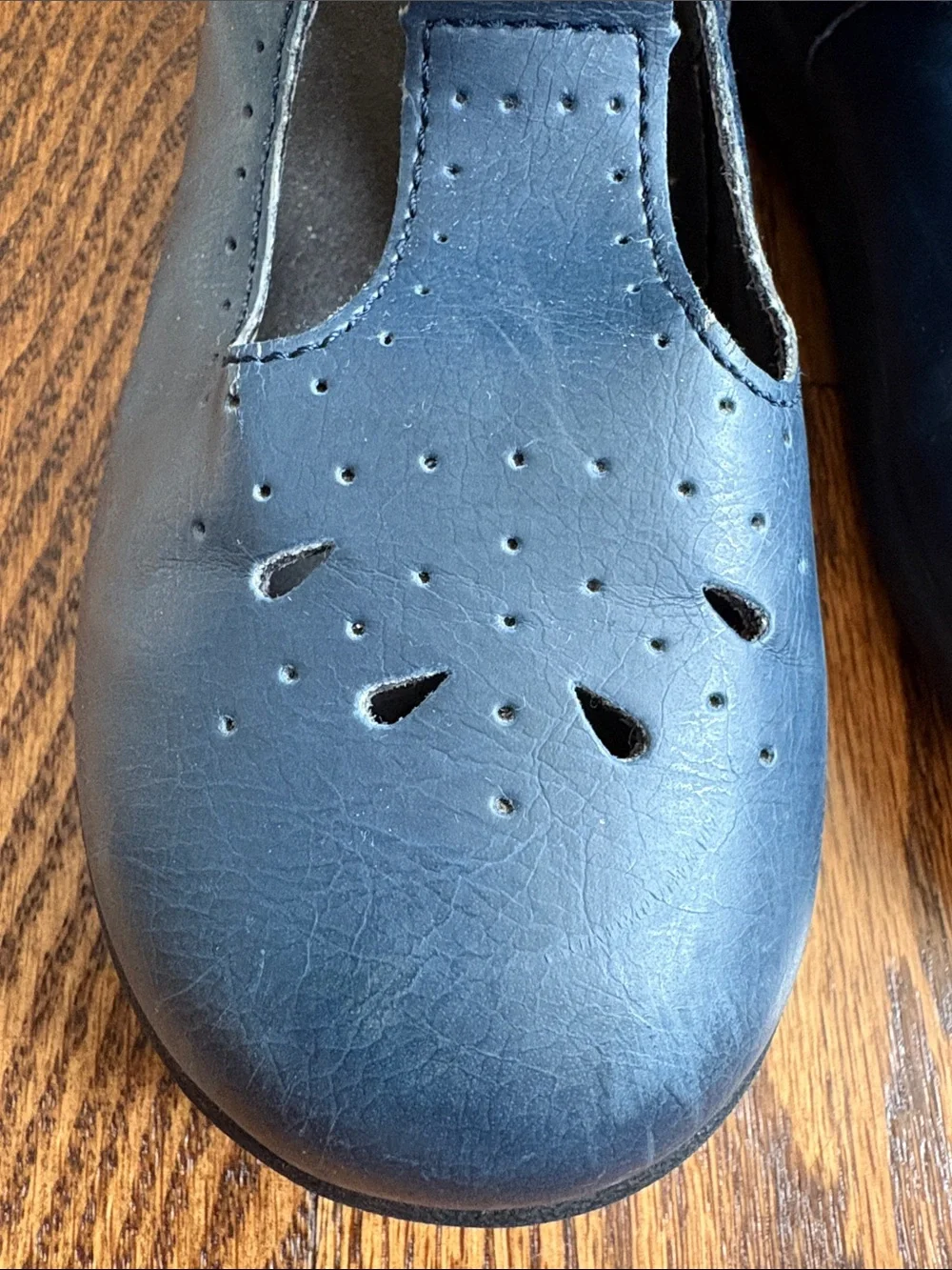 L'Amour girls navy blue with cutout pattern t-strap Mary Jane shoes, size 11.