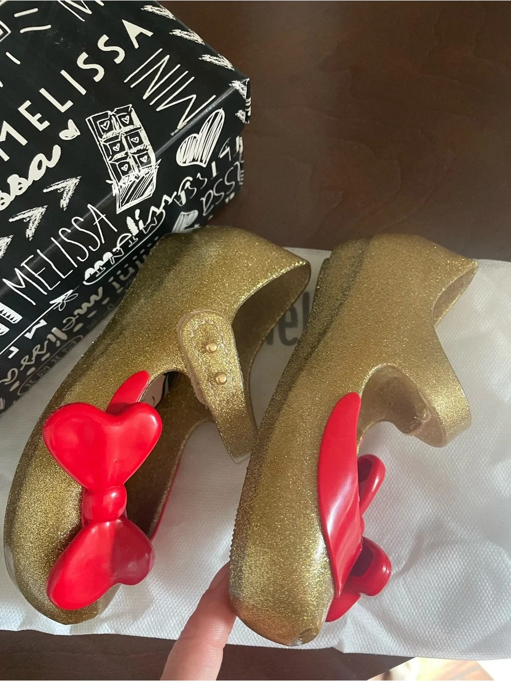 Mini Melissa Snow White Gold shoes jelly red bow open toe size 9 USA NEW