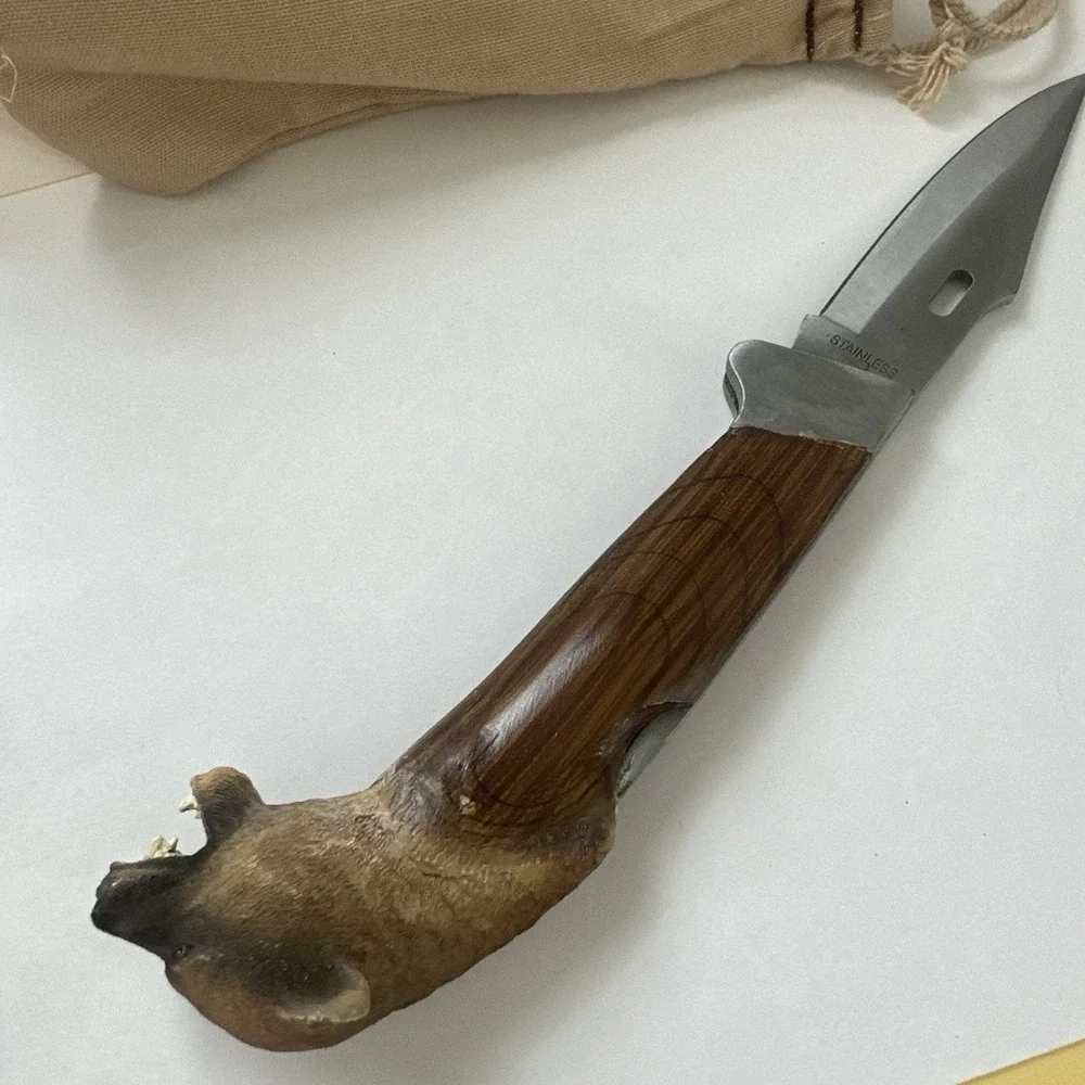 Brown Wood Mountain Lion Folding Pocketknife, Stainless Point Blade W/bag