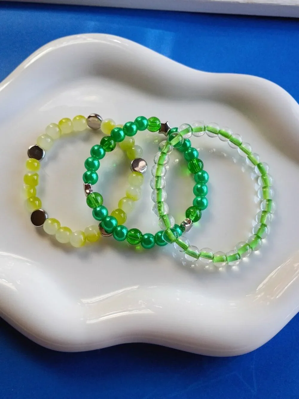 Green & Lime 3-Piece Kids Bracelet Stack, Handmade Beaded Bracelets, 5 inches
