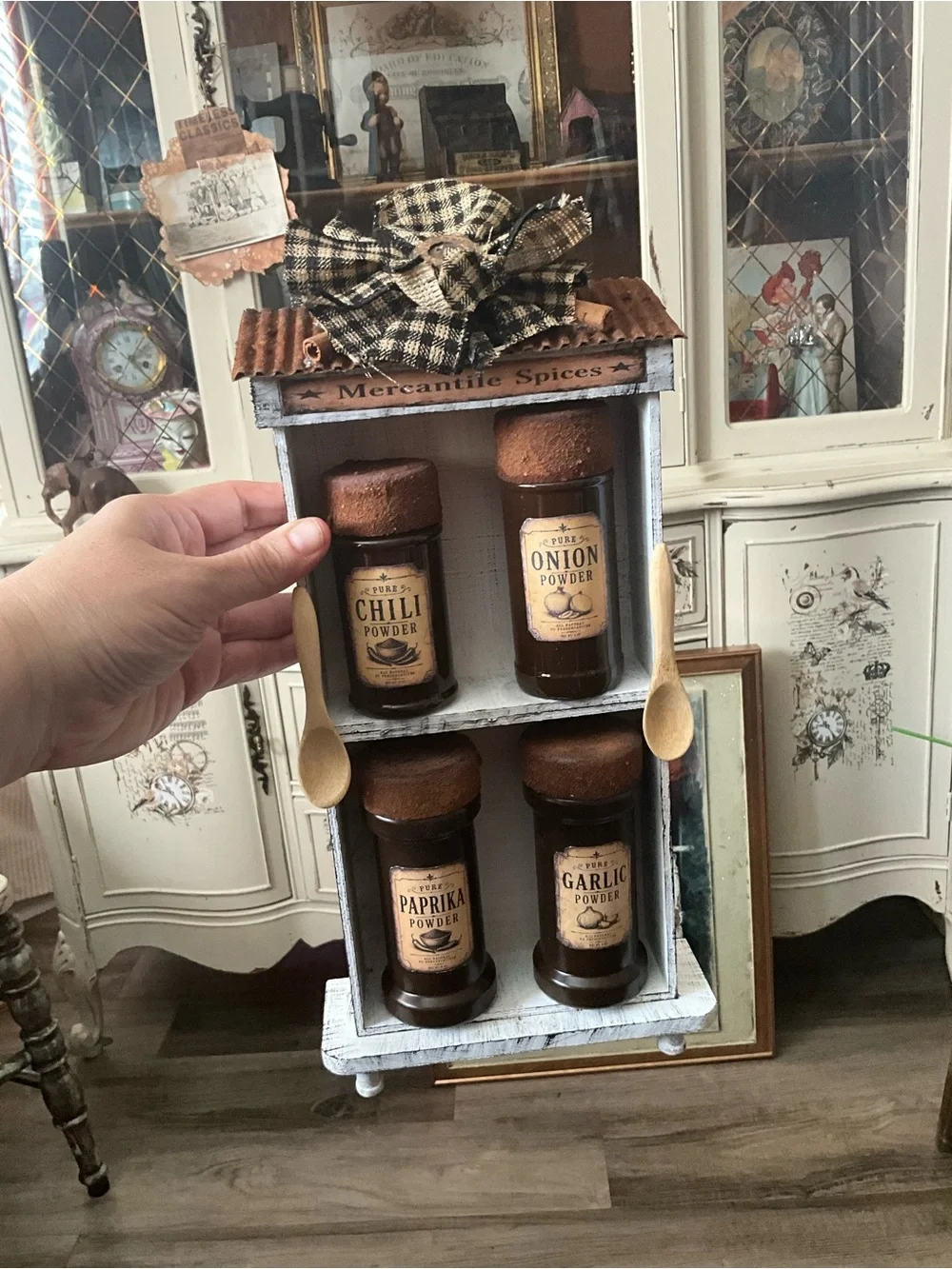 HANDCRAFTED Rustic White Wooden Spice Rack with Brown Glass Jars - Home Kitchen