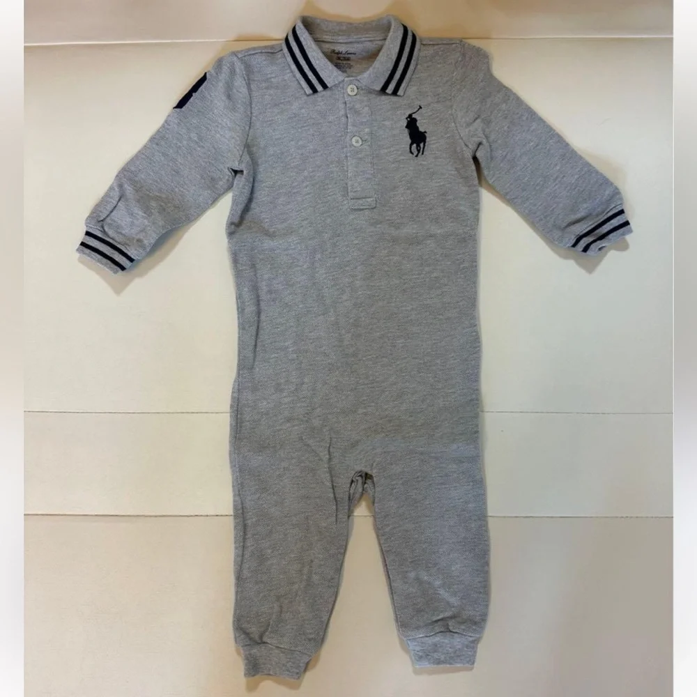 Ralph Lauren Grey and Navy Polo One-Piece Romper