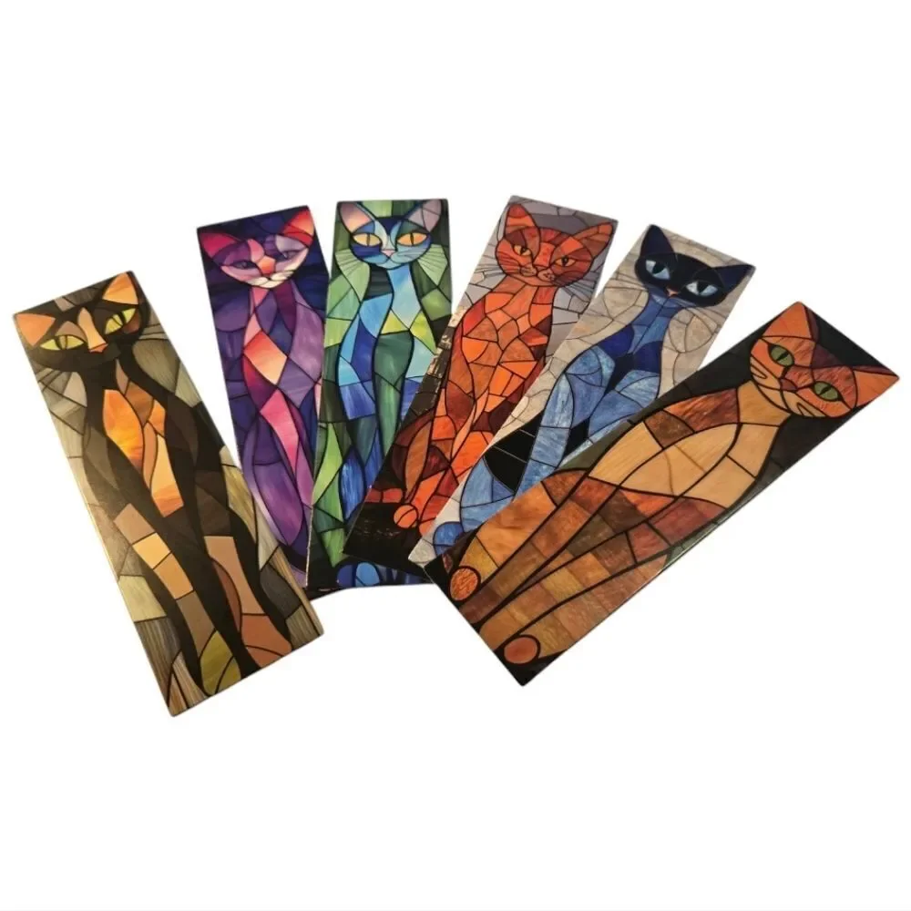 6pc Black Cat Bookmark Set Stained Glass Mosaic Bookmarks Gothic Kawaii Reading