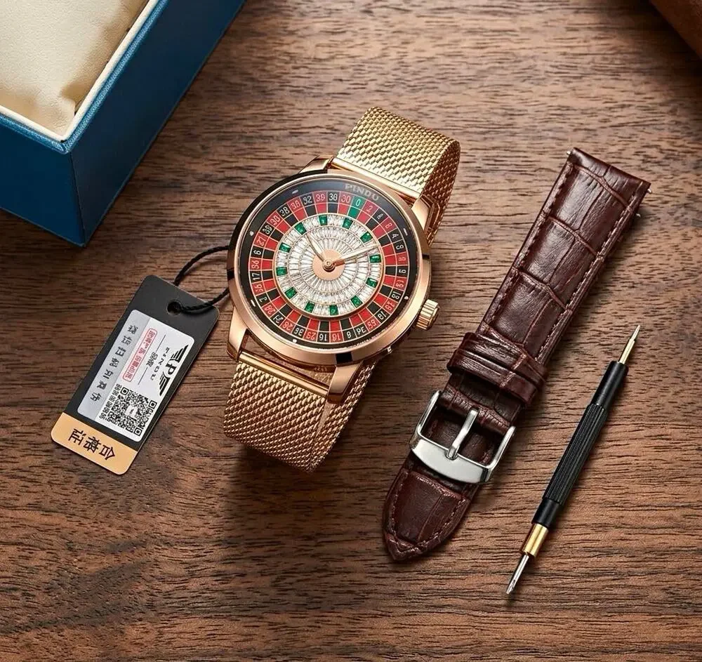 PINDU Russian Roulette Quartz Analog Round Watch Gold Mesh + Brown Strap Box