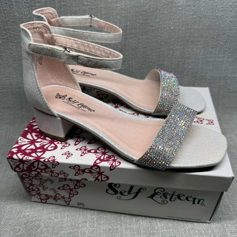 Self Esteem Girls Block Heel Sandals Silver Glitter Dress‎ Shoes Size 3