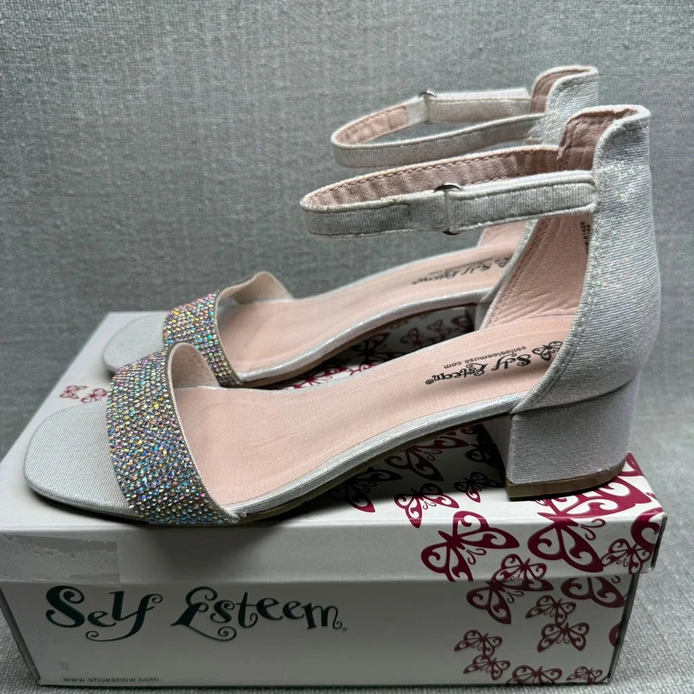 Self Esteem Girls Block Heel Sandals Silver Glitter Dress‎ Shoes Size 3