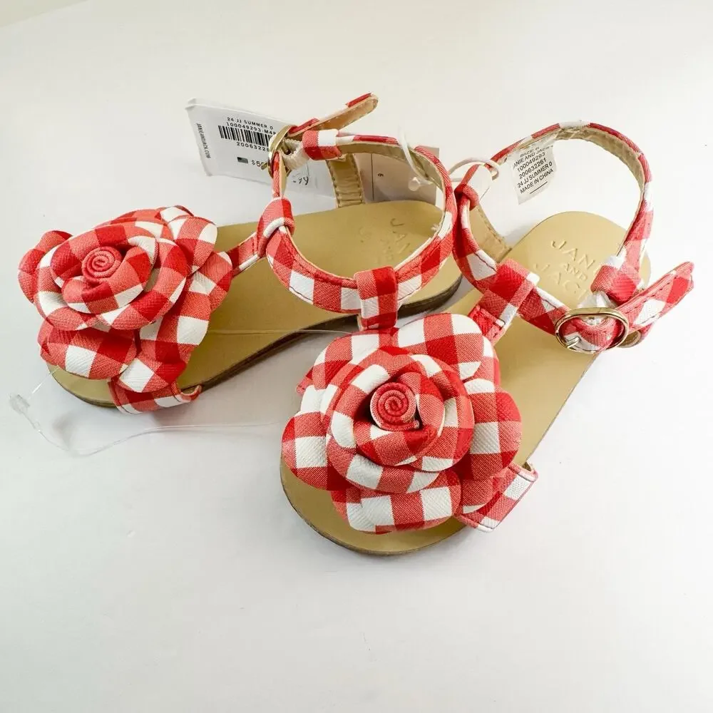 Janie & Jack Red‎ Gingham Flower Sandals, 6T Toddler Girls NWT!