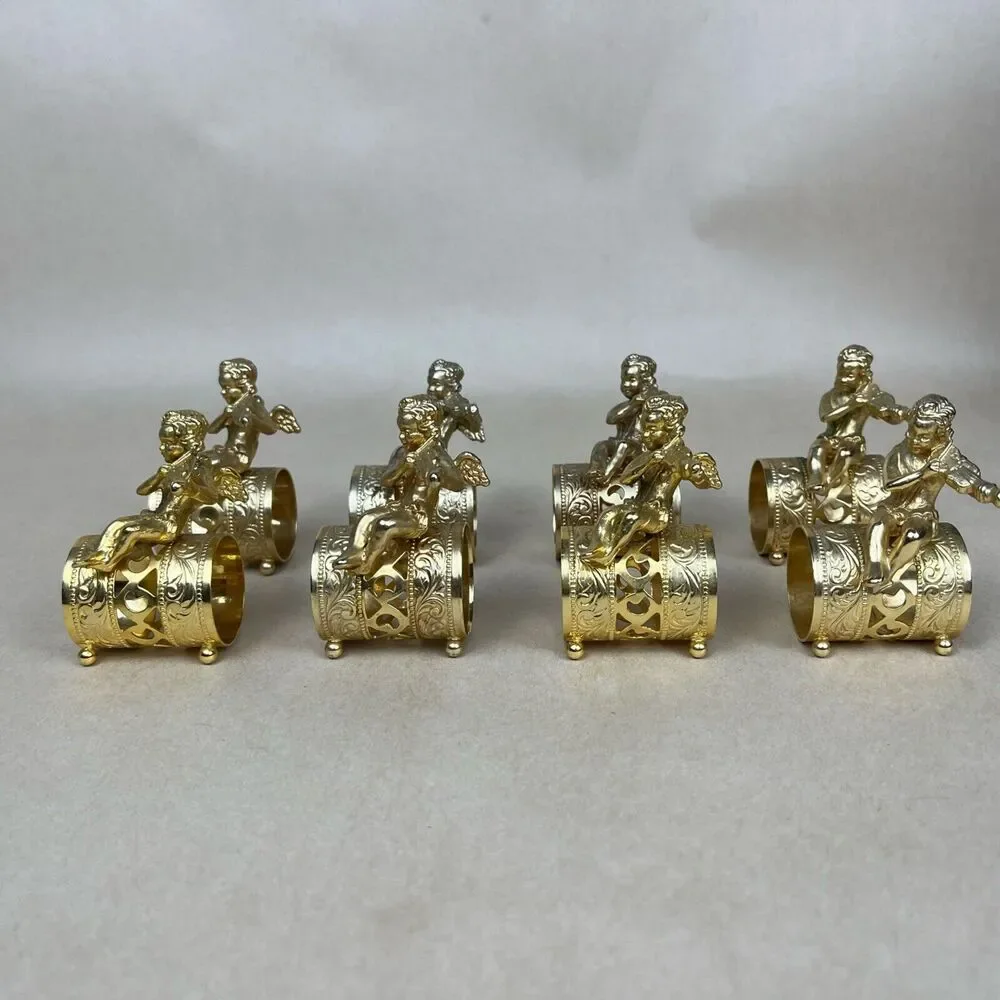 VTG 8pc Gold Tone‎ Metal Angel Playing Violin Filigree Napkin Ring Holder Signed