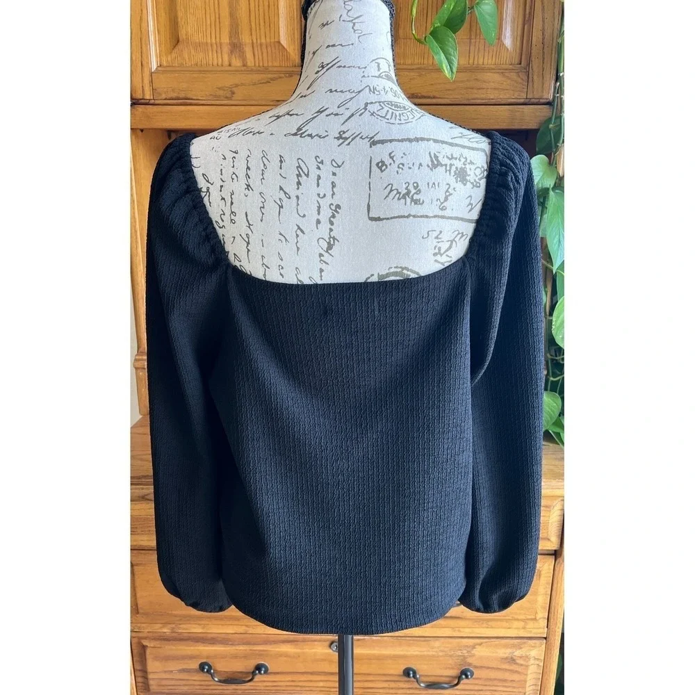 Madewell Black Textured Crepe Square Neck Puff Sleeve Blouse‎ Top Medium