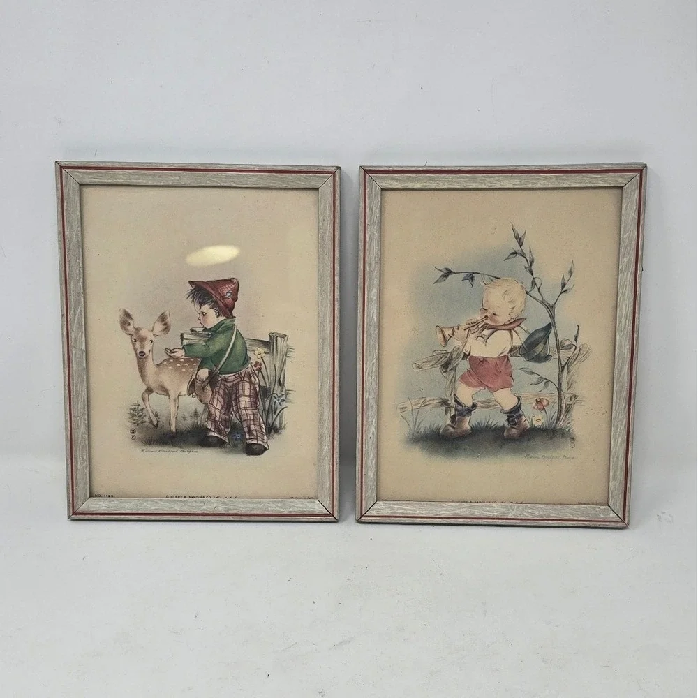 Vtg 1940's Marion Bradford framed pictures wall plaque nursery‎ decor set of 2