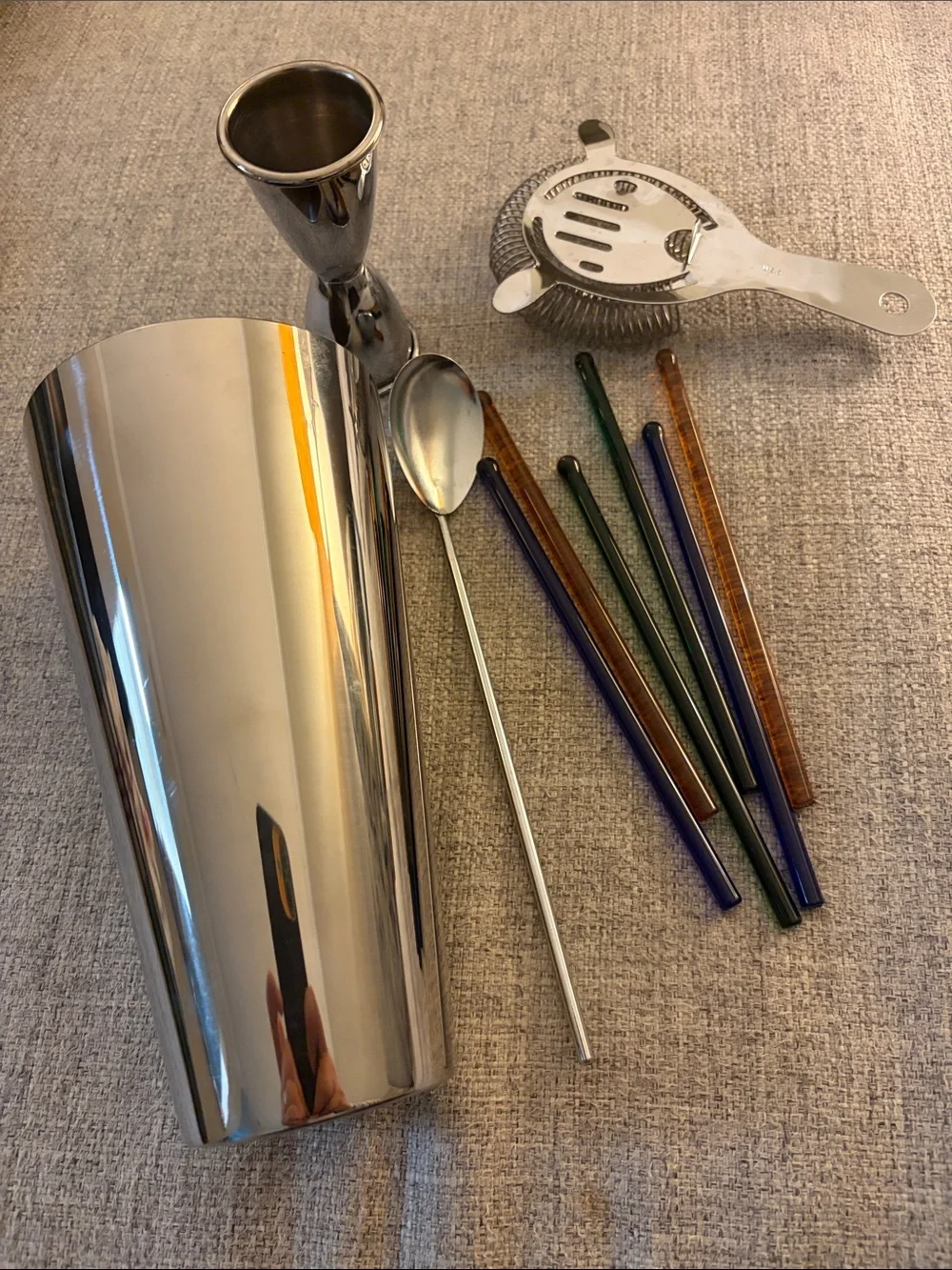 Vintage Barware: Stainless Steel Shaker, Jigger, Strainer, Spoon; Glass Stirrers