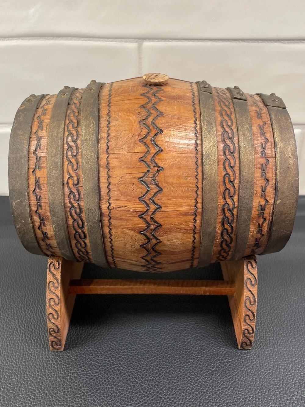 Old Miniature Wooden Tequila Barrel With Spout and Stand