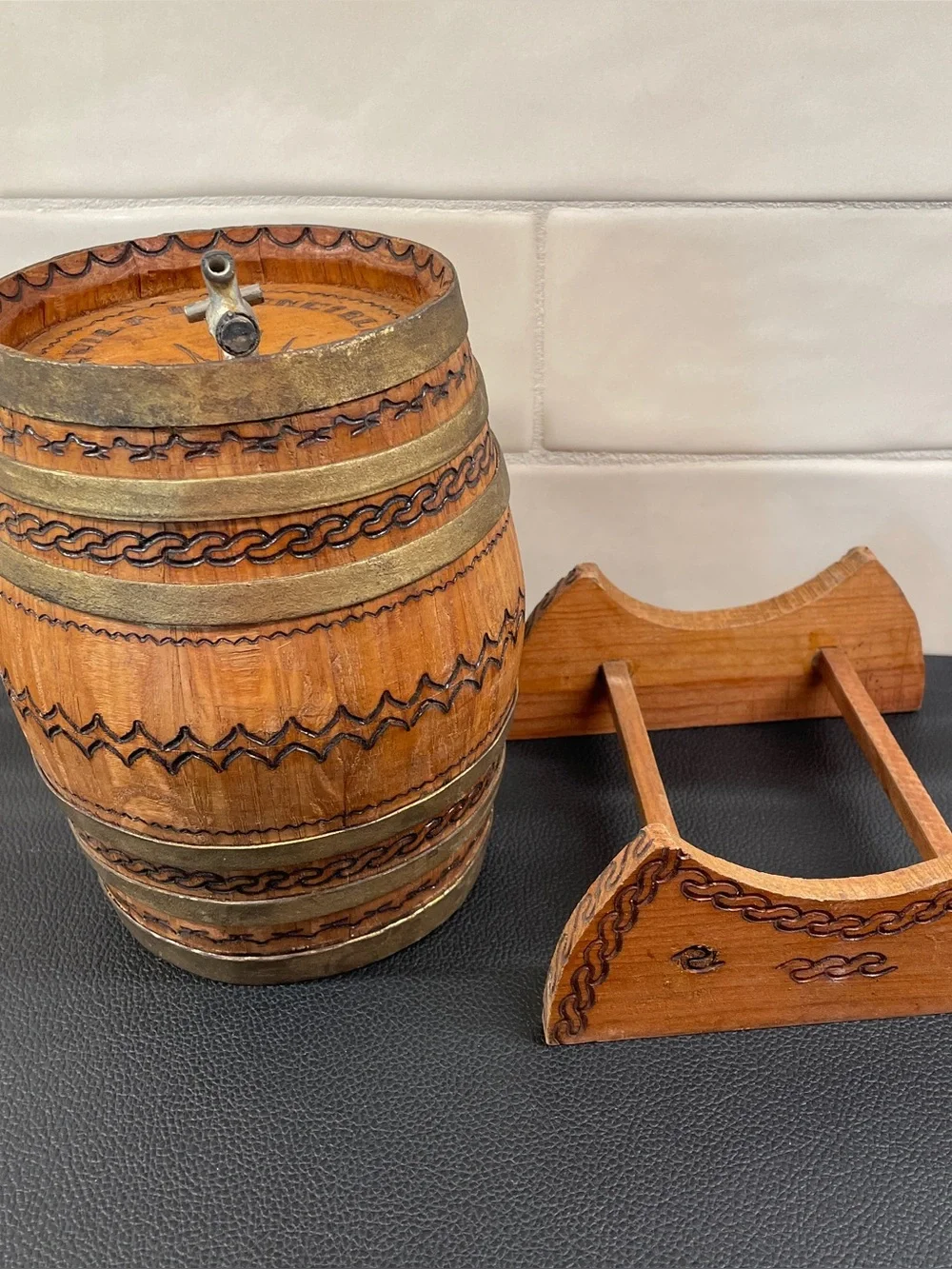 Old Miniature Wooden Tequila Barrel With Spout and Stand