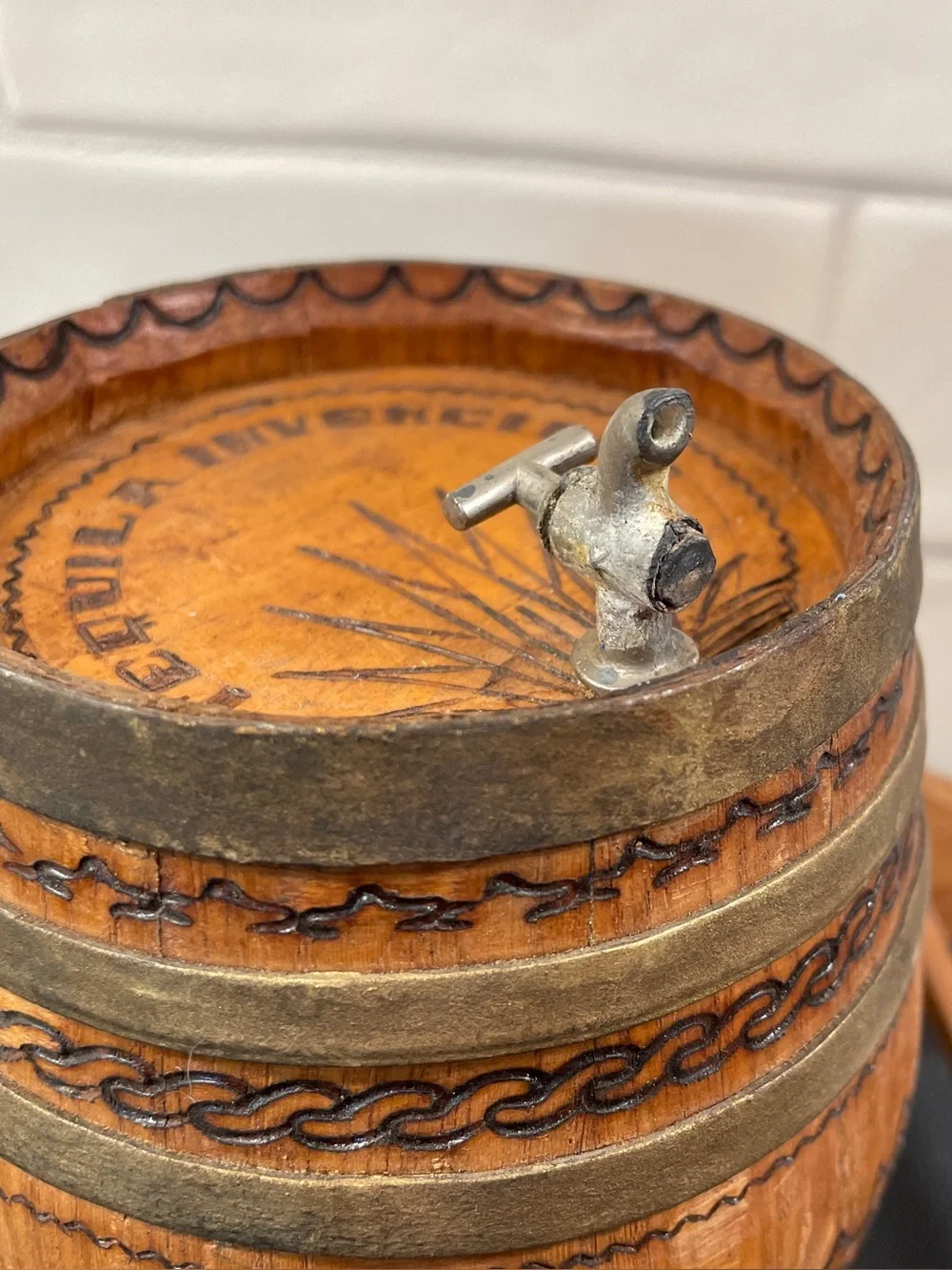 Old Miniature Wooden Tequila Barrel With Spout and Stand