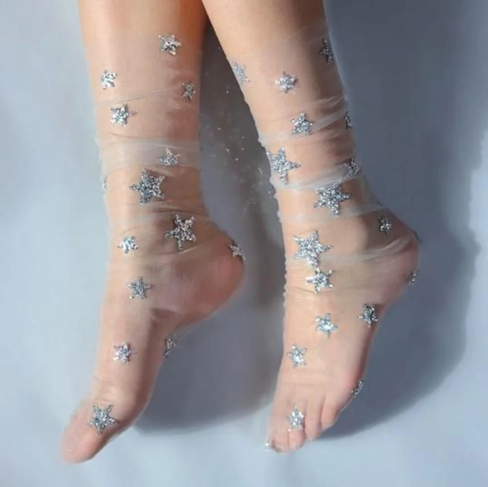 White & Silver Star Sheer Socks Tulle Mesh Socks Pantyhose Fishnet Stockings
