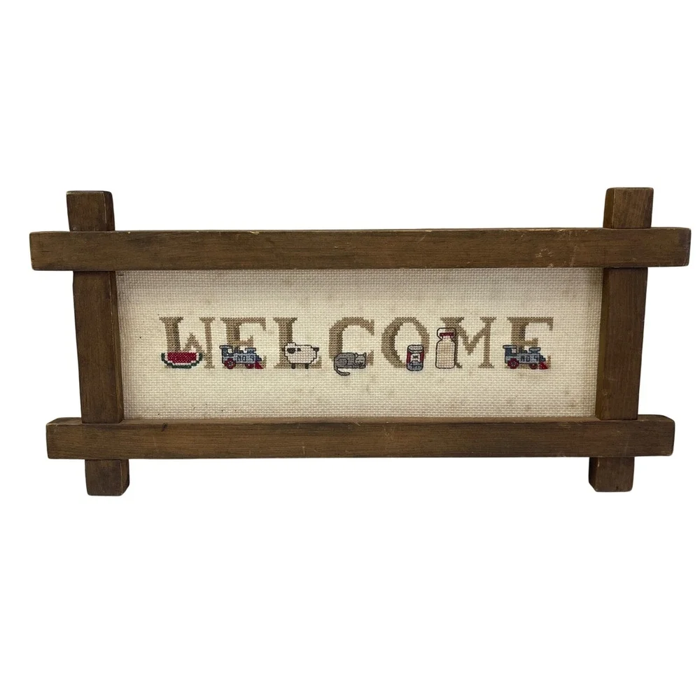 Vintage Handmade Cross Stitch Welcome Sign Wood Farmhouse Country Cottage Decor