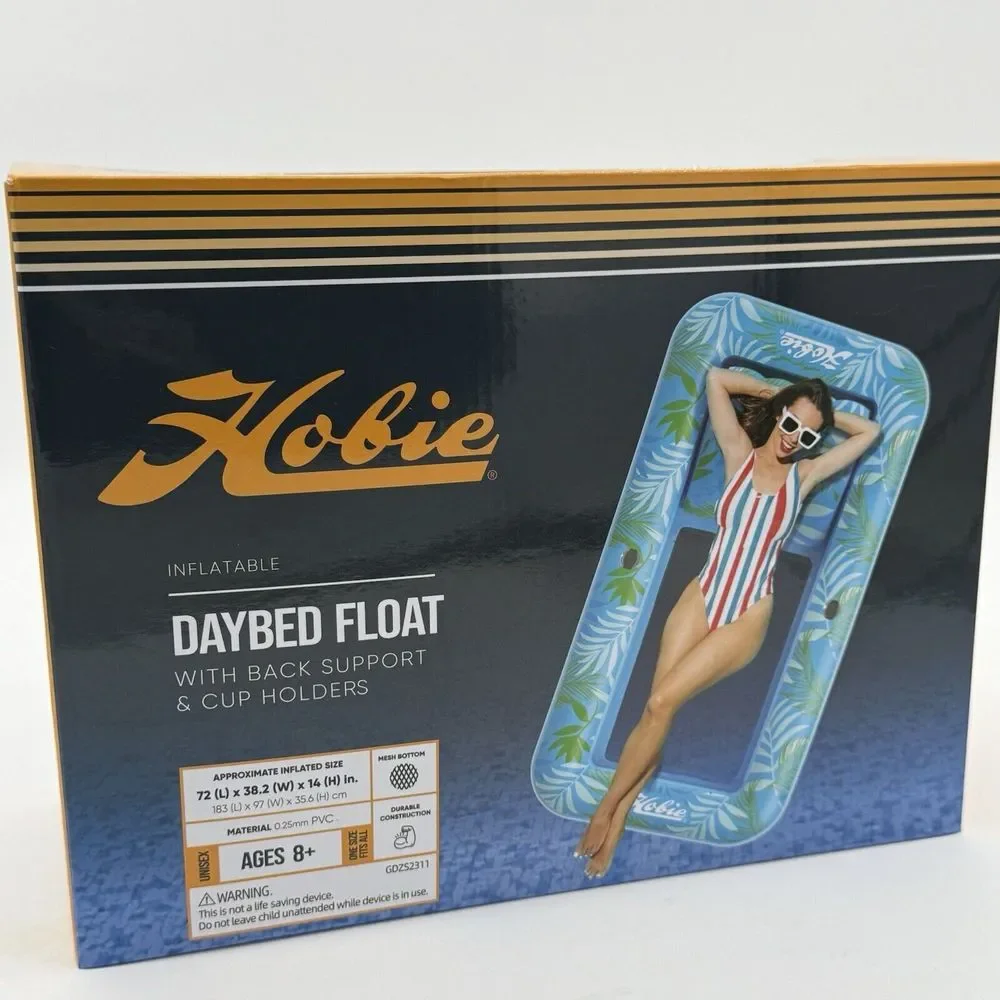 Hobie Inflatable Daybed Float w/ Back Support, Cup Holders, Blue, Pool Beach NIB
