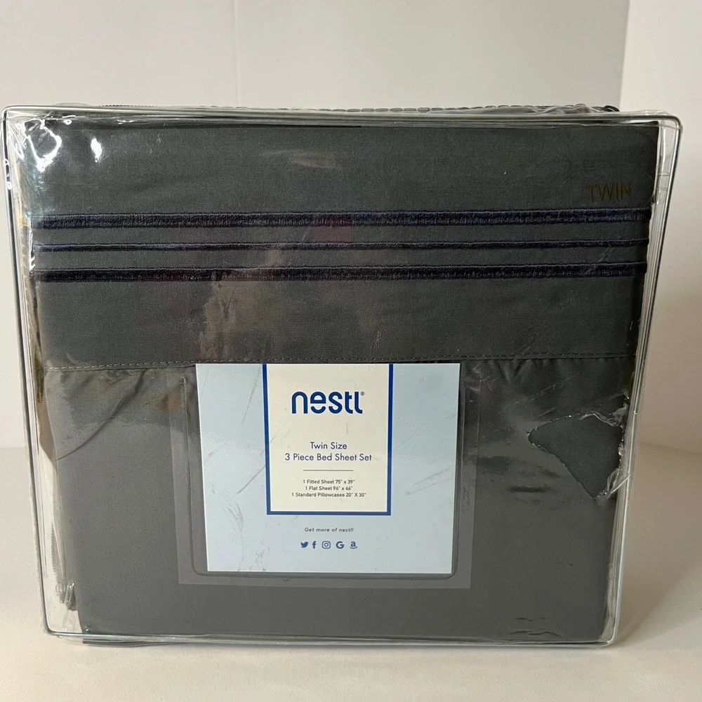 Nestl Twin‎ Size 3 Piece Bed Sheet Set Charcoal Gray Deep Pocket MIcrofiber NIP