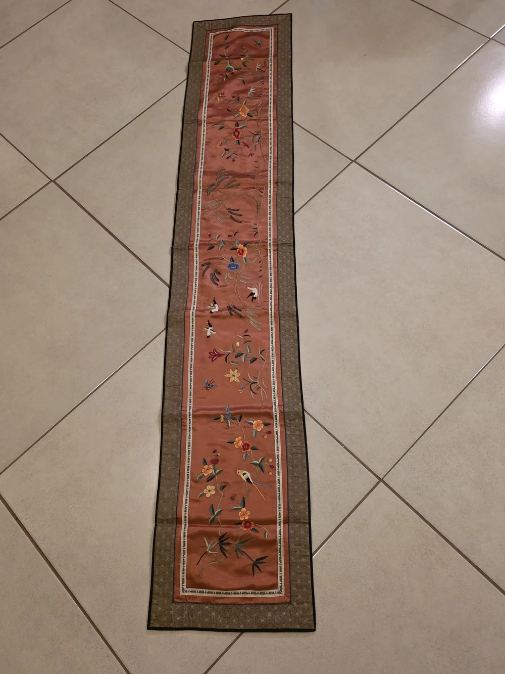 Chinese Silk Embroidered Birds Floral Panel Tapestry Table Runner 70