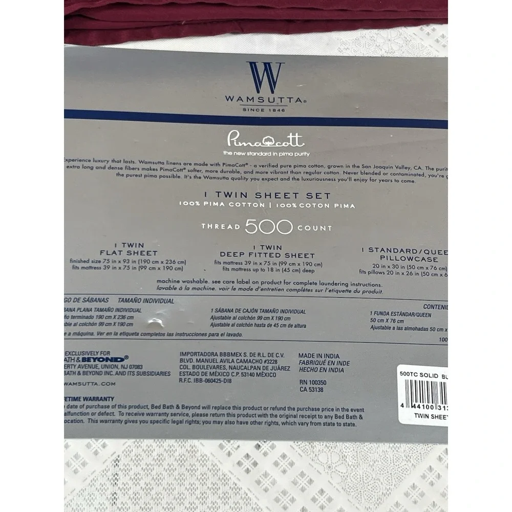 WAMSUTTA 500 Thread Count PimaCott TWIN Sheet Set BURGUNDY Solid Deep Fit